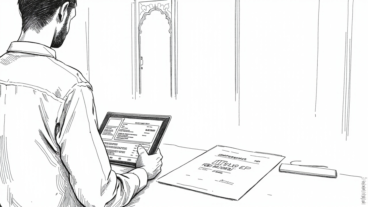 Egyptian small business owners reviewing tax documents with calculator and laptop