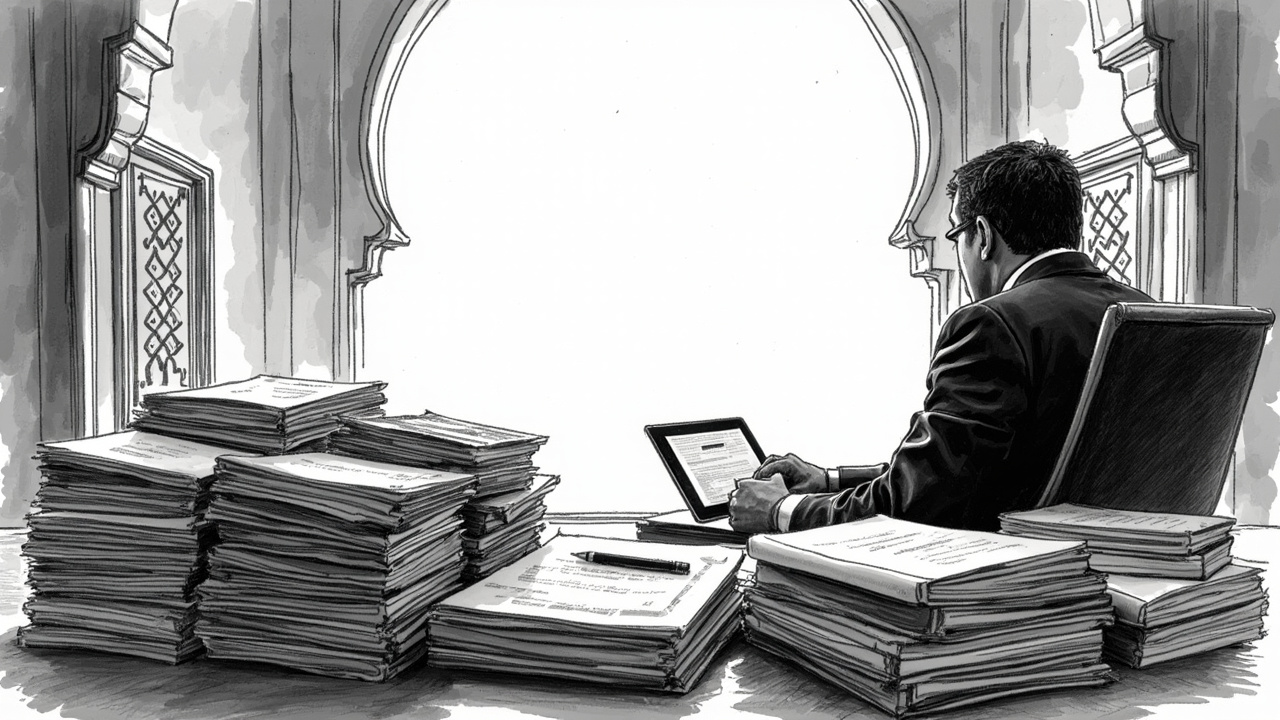 Egyptian business owner reviewing tax compliance documents with calculator and financial statements