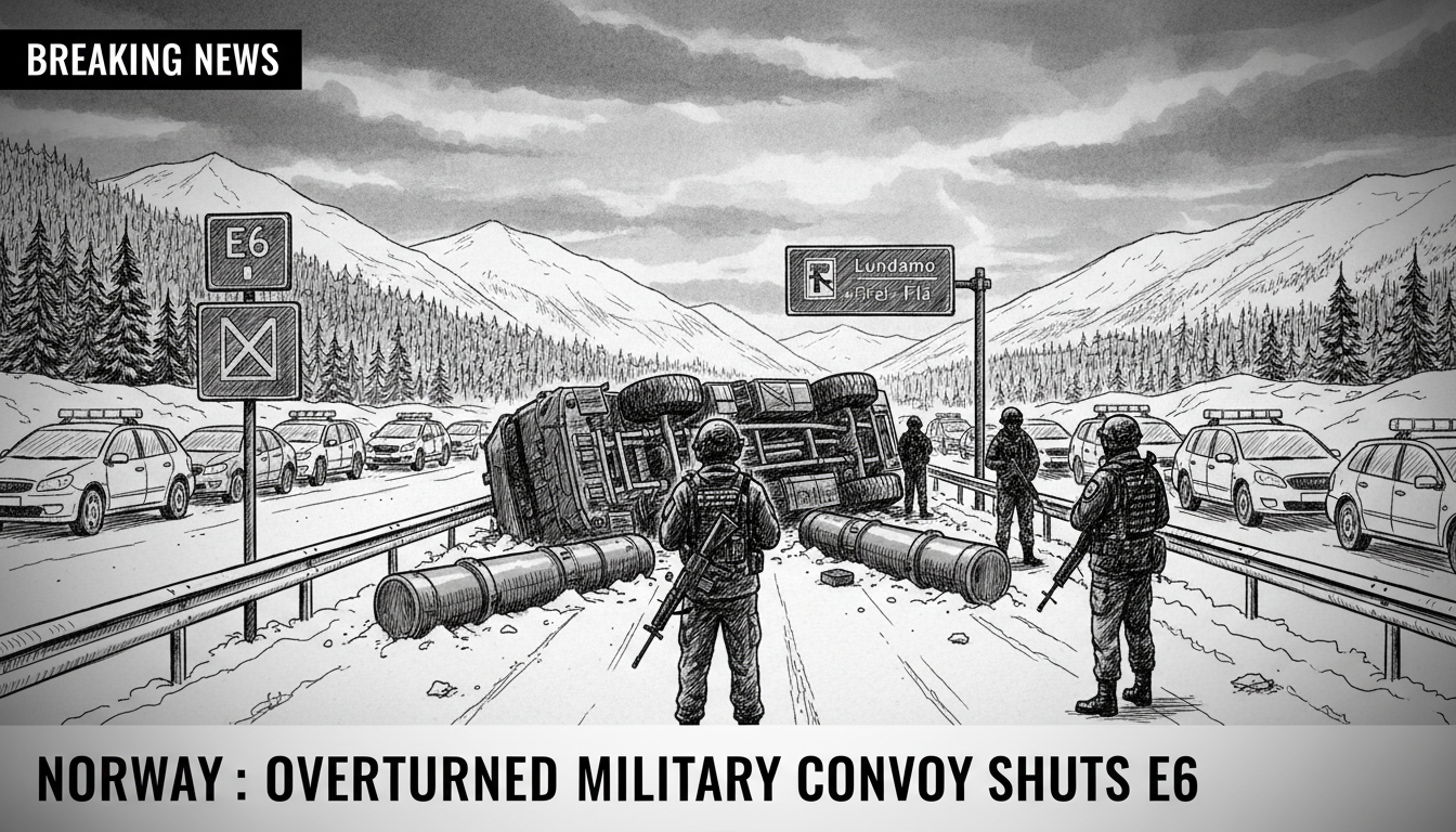 Armed Soldiers Guard Overturned Military Convoy on Norwegian Highway