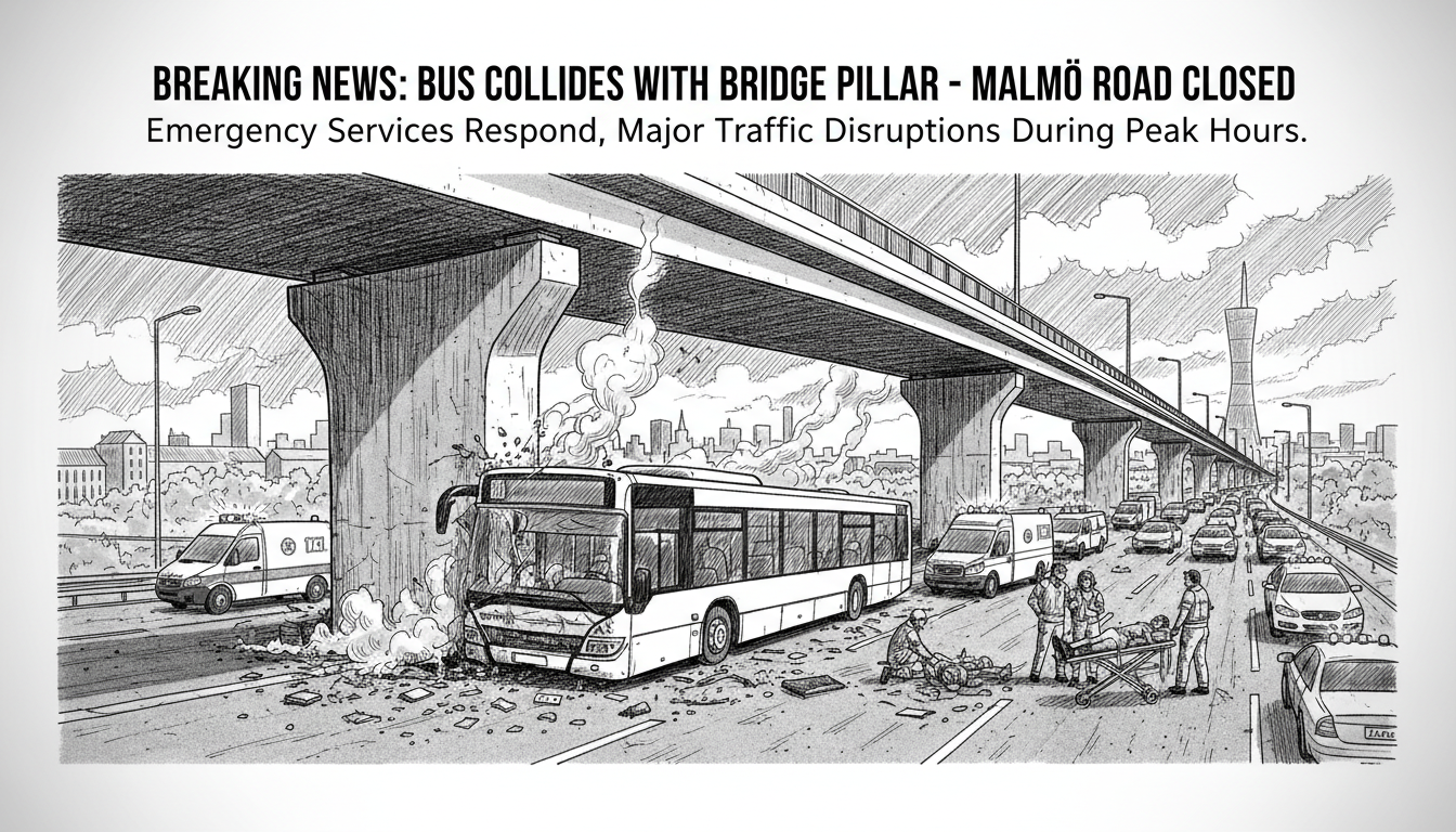 Bus Collides with Bridge Pillar in Malmö, Major Road Closed