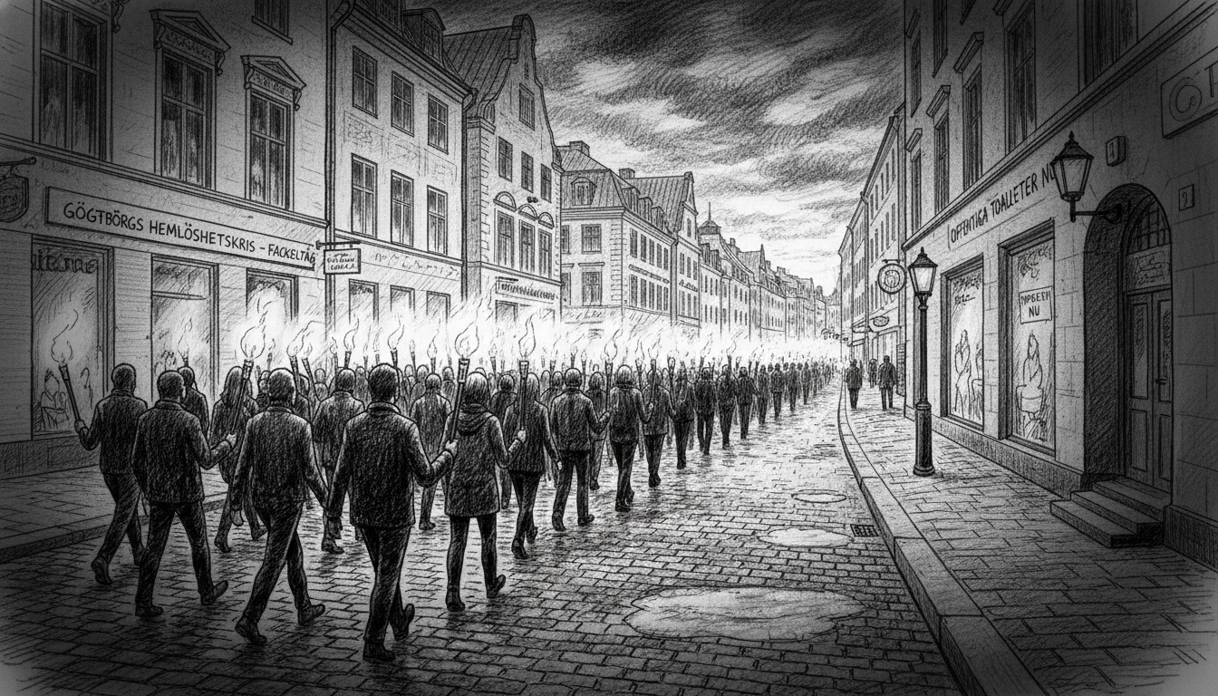 Homeless Crisis in Gothenburg Sparks Evening Torch March