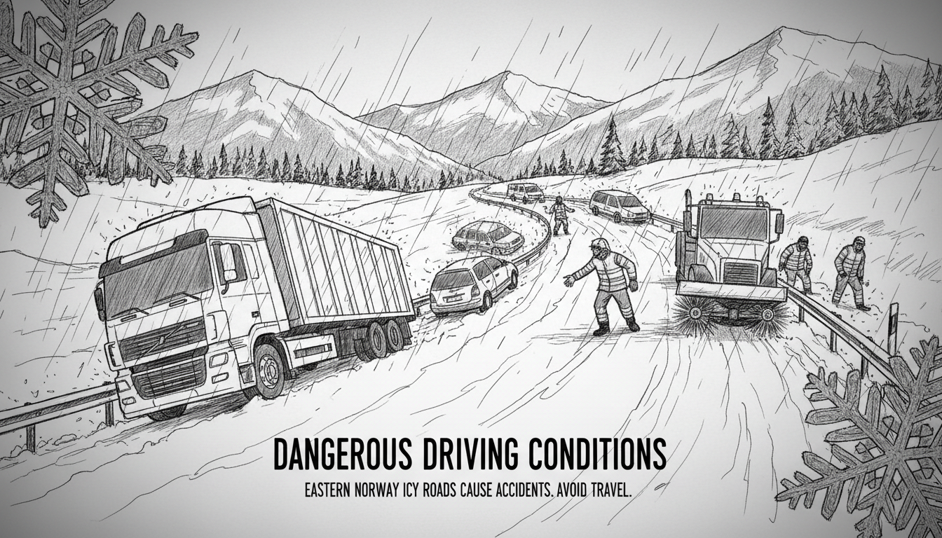 Dangerous Driving Conditions as Vehicles Slide Off Roads in Eastern Norway