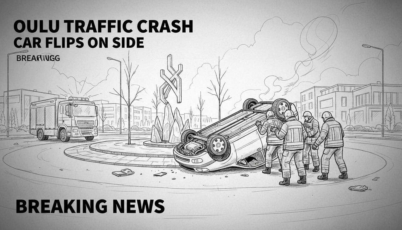 Car Flips on Side in Oulu Traffic Circle Crash