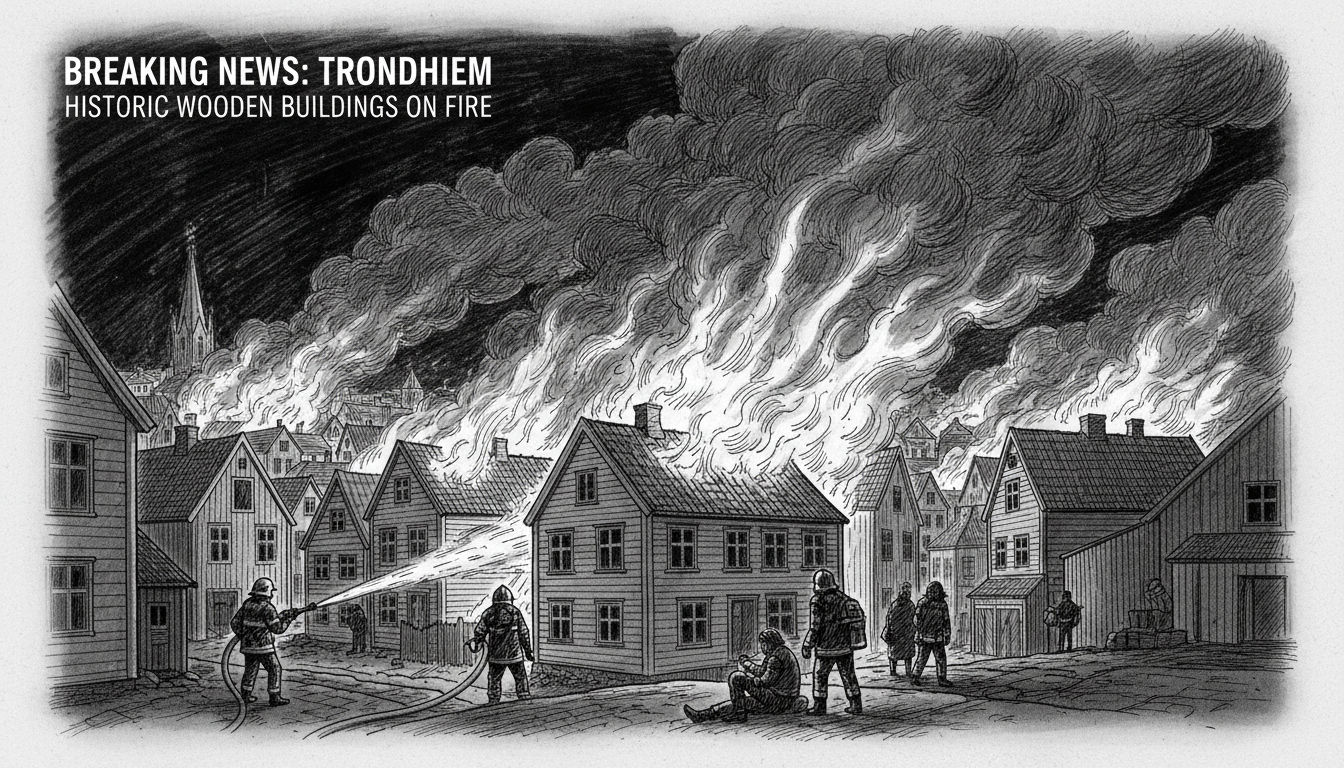 Historic Wooden Buildings Catch Fire in Trondheim City Center