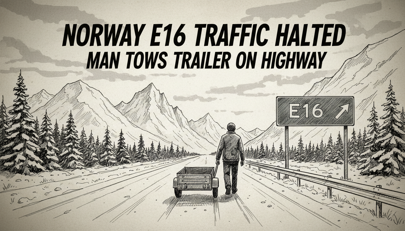 Norway E16 Traffic Halted: Man Tows Trailer on Highway