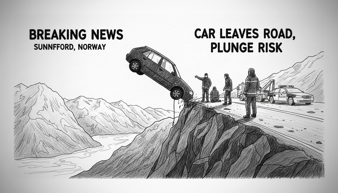 Car Leaves Road in Sunnfjord with Risk of Plunge