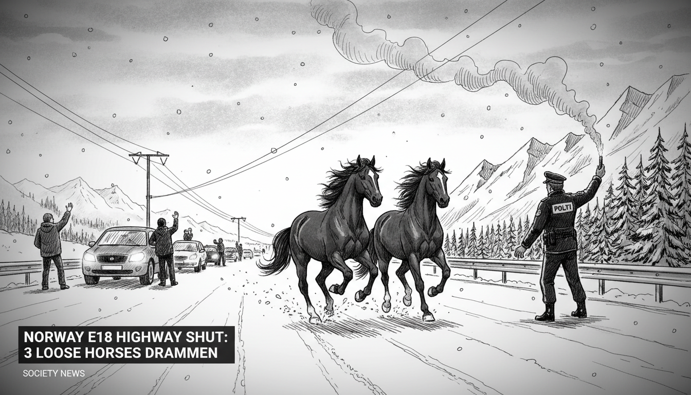 Norway E18 Highway Shut: 3 Loose Horses Drammen