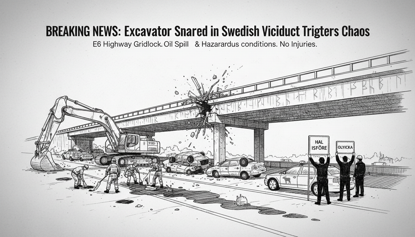 Excavator Gets Stuck in Swedish Viaduct Causing Multiple Accidents