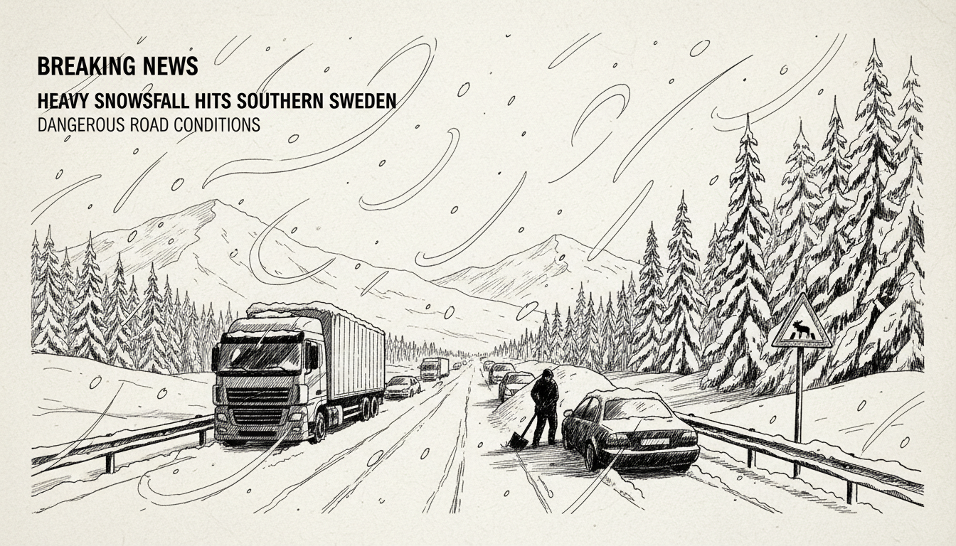 Heavy Snowfall Hits Southern Sweden Creating Dangerous Road Conditions