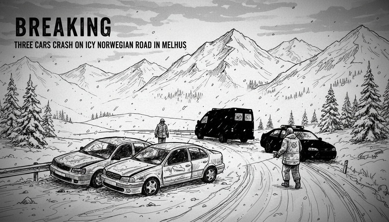 Three Cars Crash on Icy Norwegian Road in Melhus