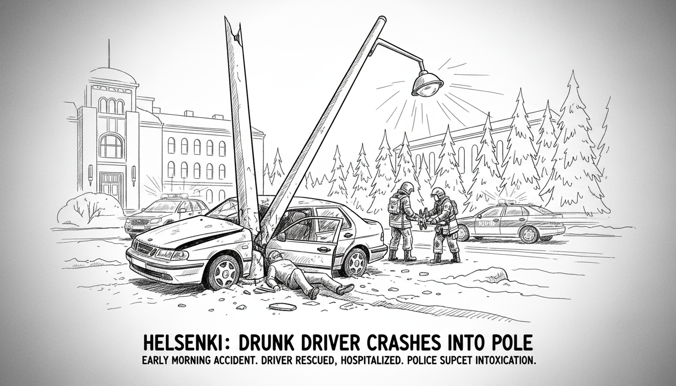Driver Suspected of Drunk Driving Crashes into Pole in Helsinki