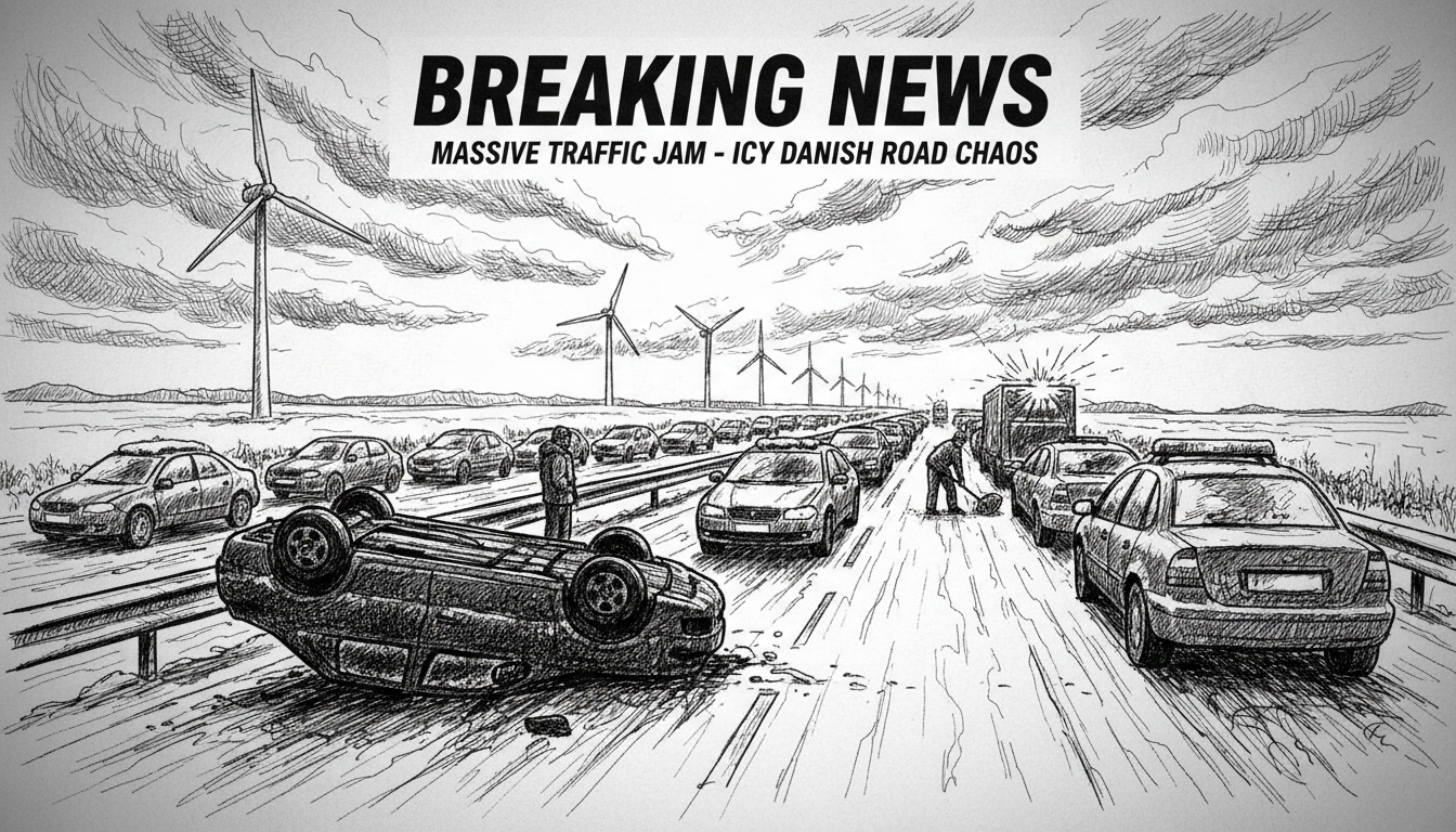 Massive Traffic Jam After Solo Accident on Slippery Danish Road