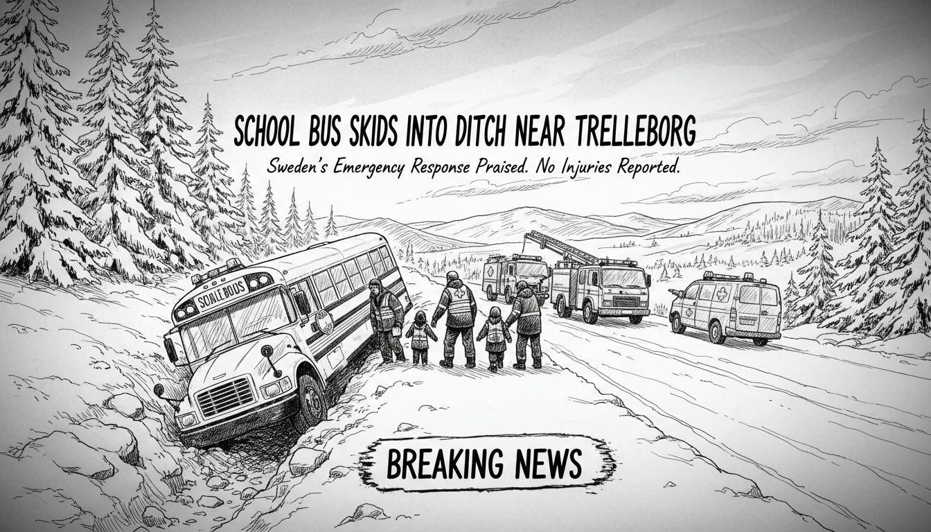 School Bus Skids Into Ditch Near Trelleborg