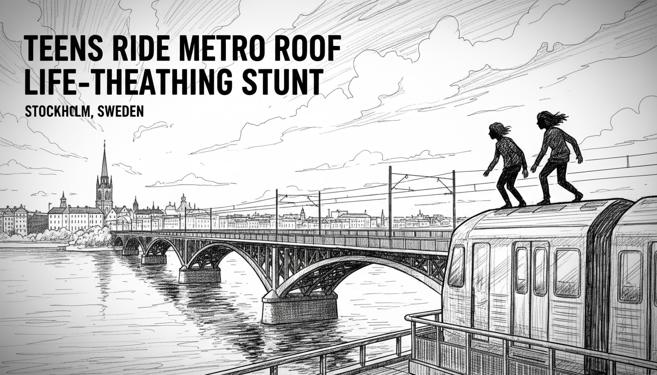 Teens Ride on Stockholm Metro Roof Over Bridge