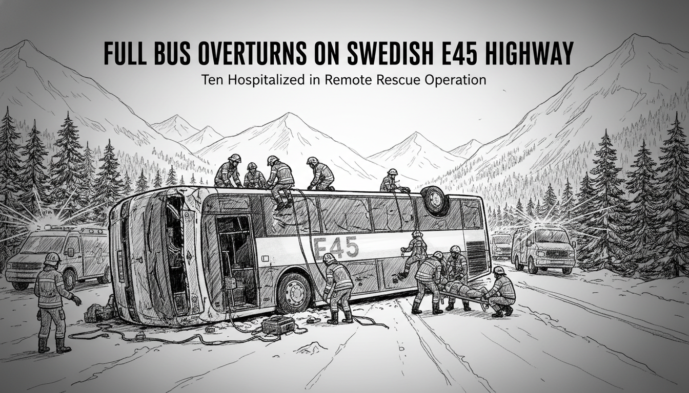 Full Bus Overturns on Swedish E45 Highway