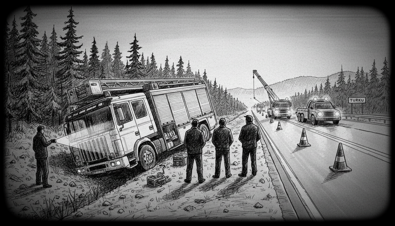 Finnish Military Fire Truck Overturns in Ditch Near Turku Road