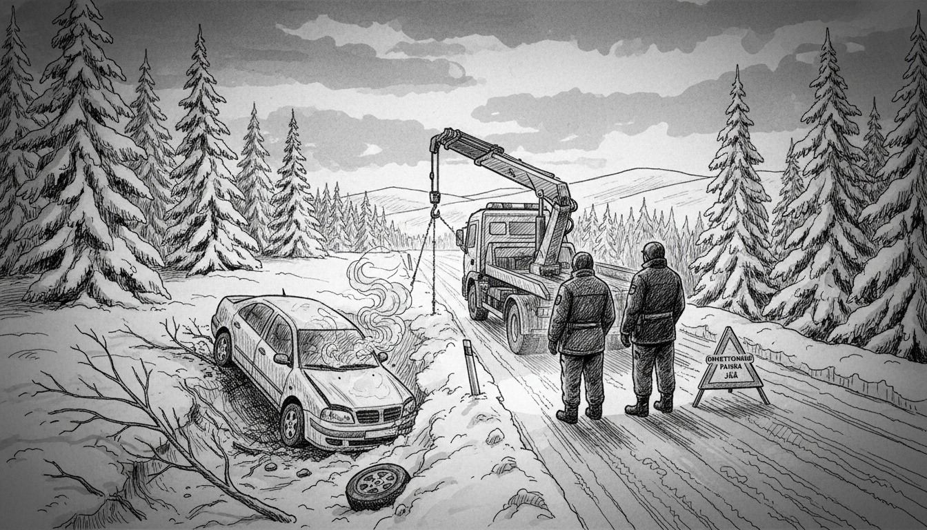 Car Skids into Ditch on Icy Finnish Road in Pieksämäki