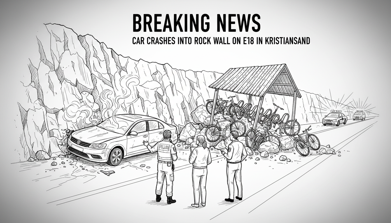 Car Crashes Into Rock Wall on E18 in Kristiansand