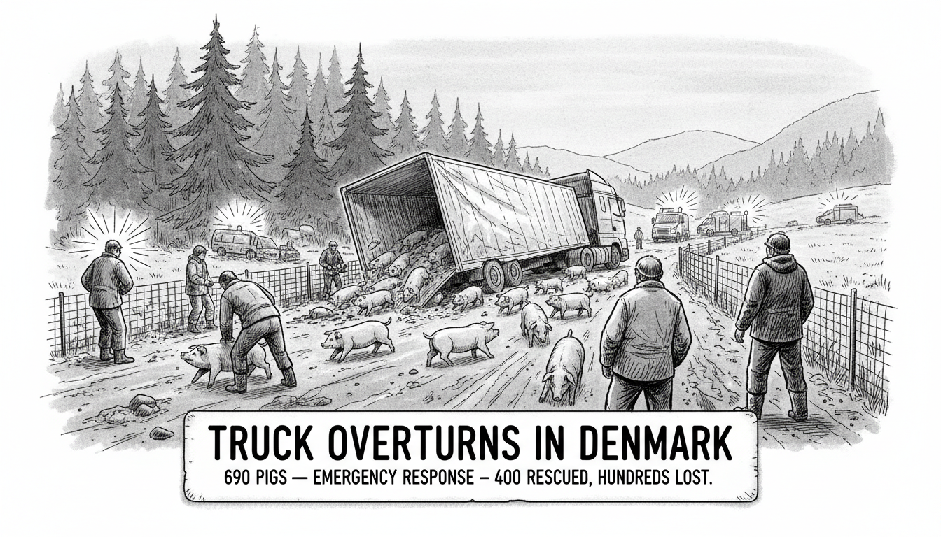 Truck Overturns in Denmark with Hundreds of Pigs Requiring Emergency Response