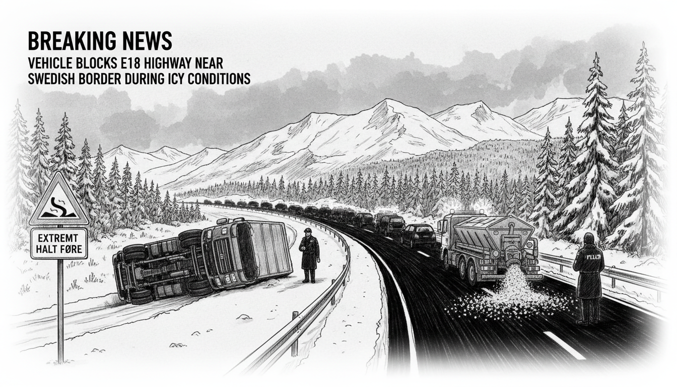 Vehicle Blocks E18 Highway Near Swedish Border During Icy Conditions