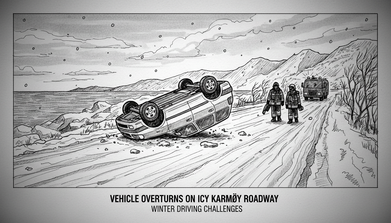 Vehicle Overturns on Icy Karmøy Roadway