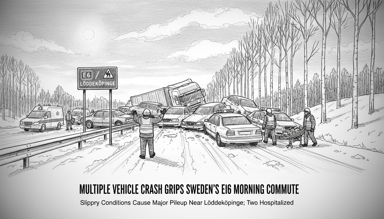 Multiple Vehicle Collision on Sweden's E6 Highway Near Löddeköpinge