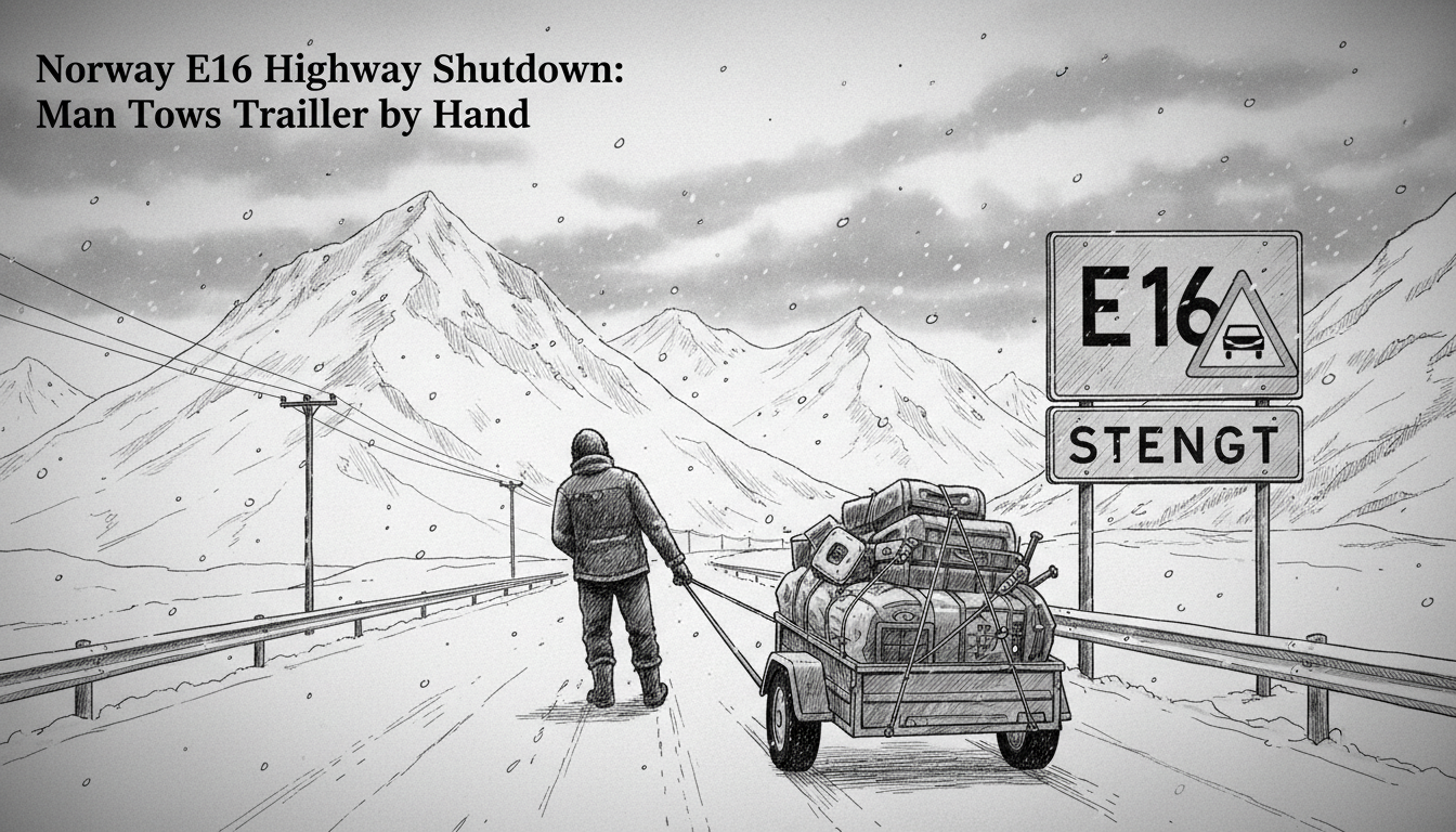 Norway E16 Highway Shutdown: Man Tows Trailer by Hand