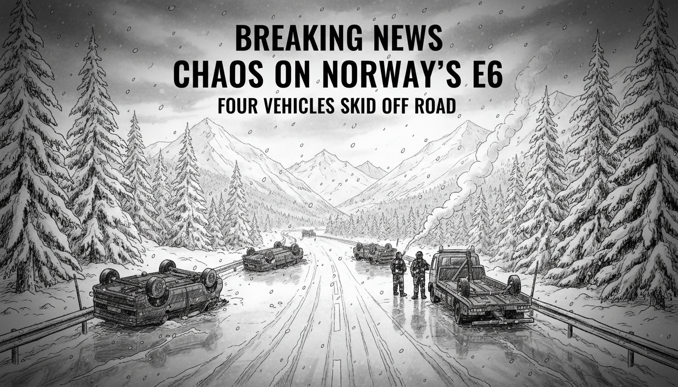 Chaos on Norway's E6 Highway: Four Vehicles Skid Off Road