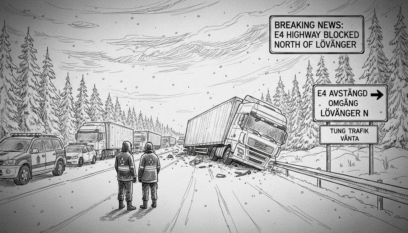 E4 Highway Blocked After Truck Accident North of Lövånger