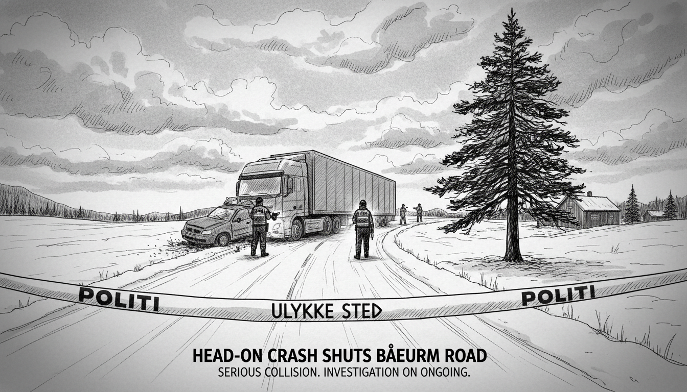 Serious Head-On Collision Between Car and Truck Closes Road in Bærum