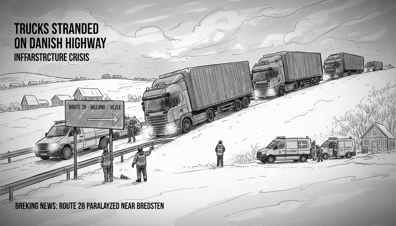 Trucks Stranded on Key Danish Highway Creating Major Traffic Disruption