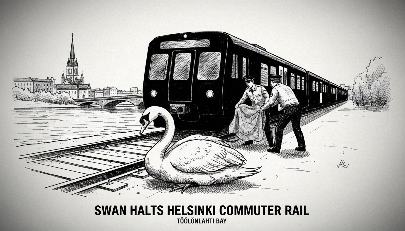 Swan Halts Helsinki Commuter Rail Service Near Töölönlahti Bay