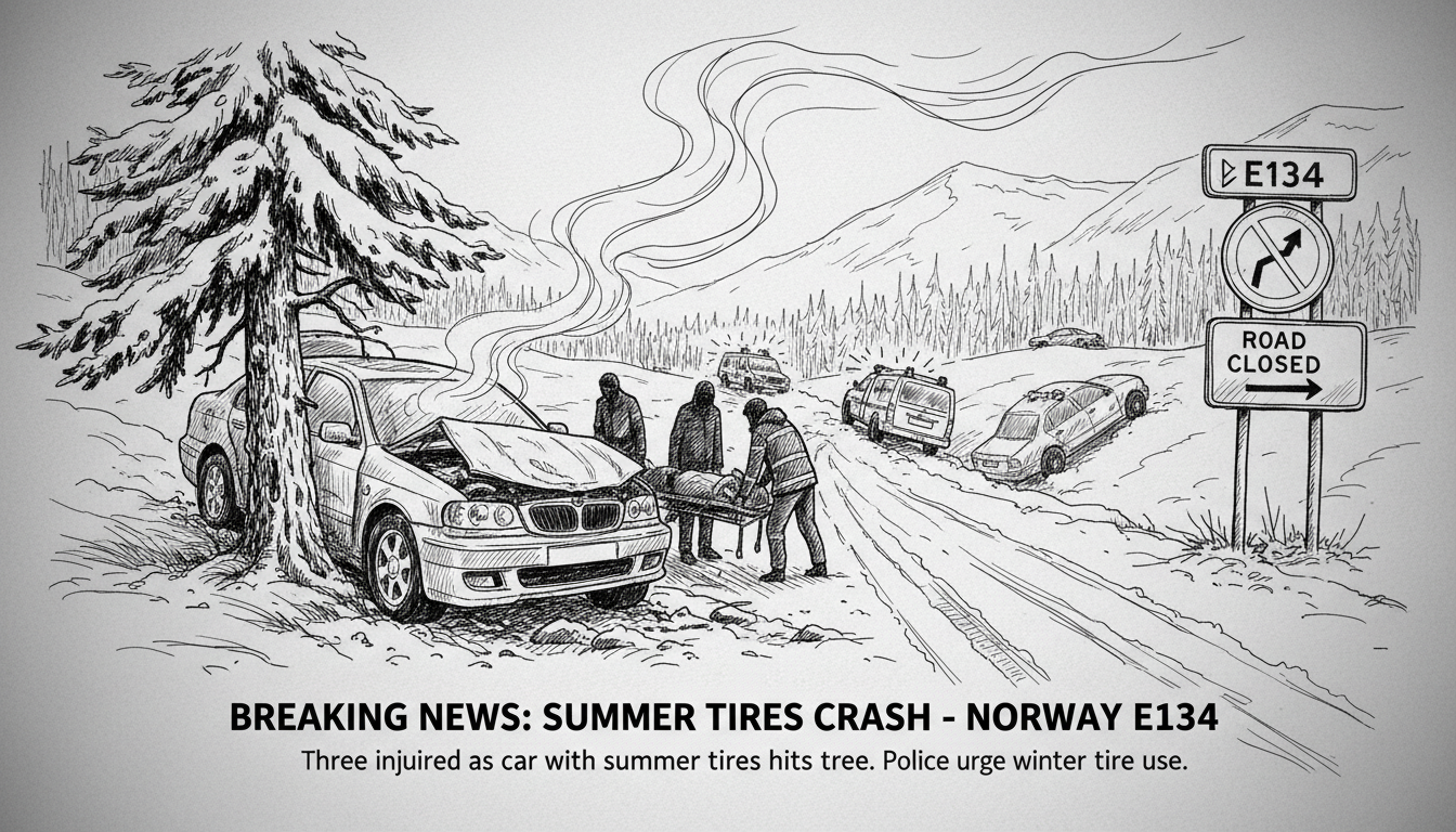 Car with summer tires crashes into tree on Norwegian highway