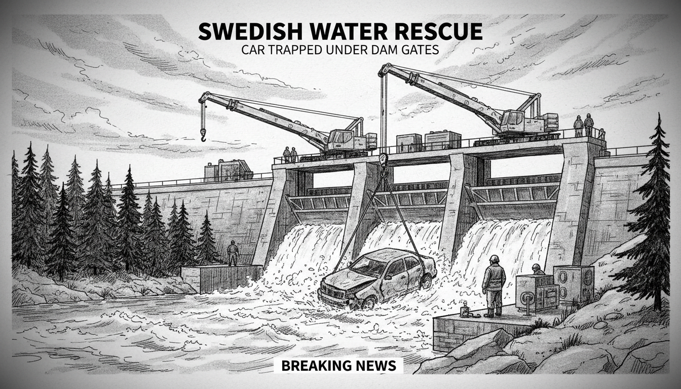 Car Trapped Under Dam Gates in Swedish Water Rescue Operation