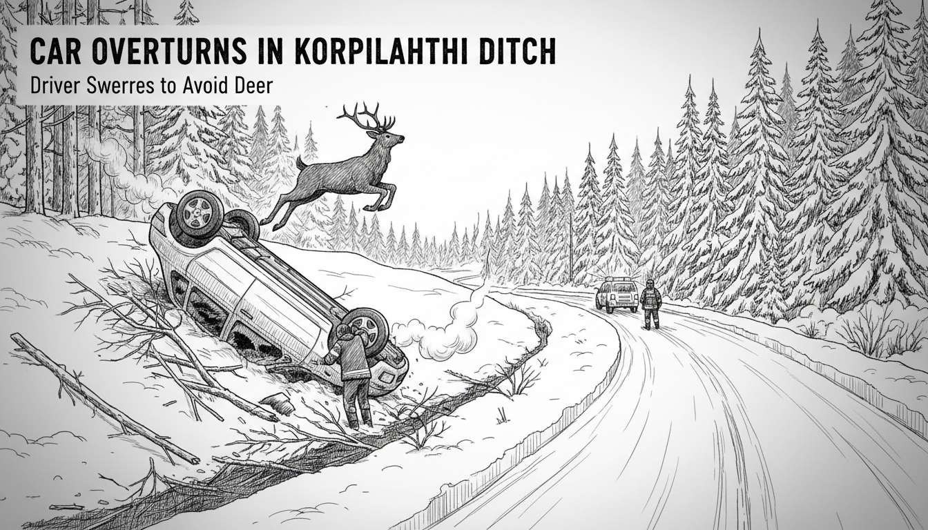 Car Overturns in Korpilahti Ditch After Driver Swerves to Avoid Deer