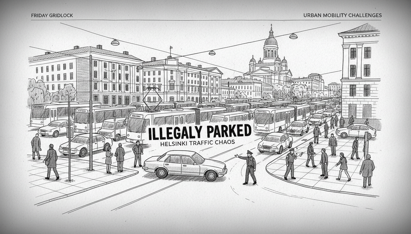 Helsinki Traffic Chaos as Illegally Parked Vehicle Gridlocks City Center