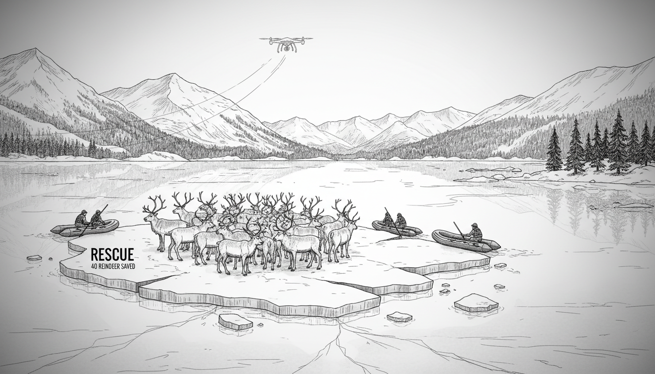 Rescue teams save 40 reindeer from drifting ice floe in Norwegian lake