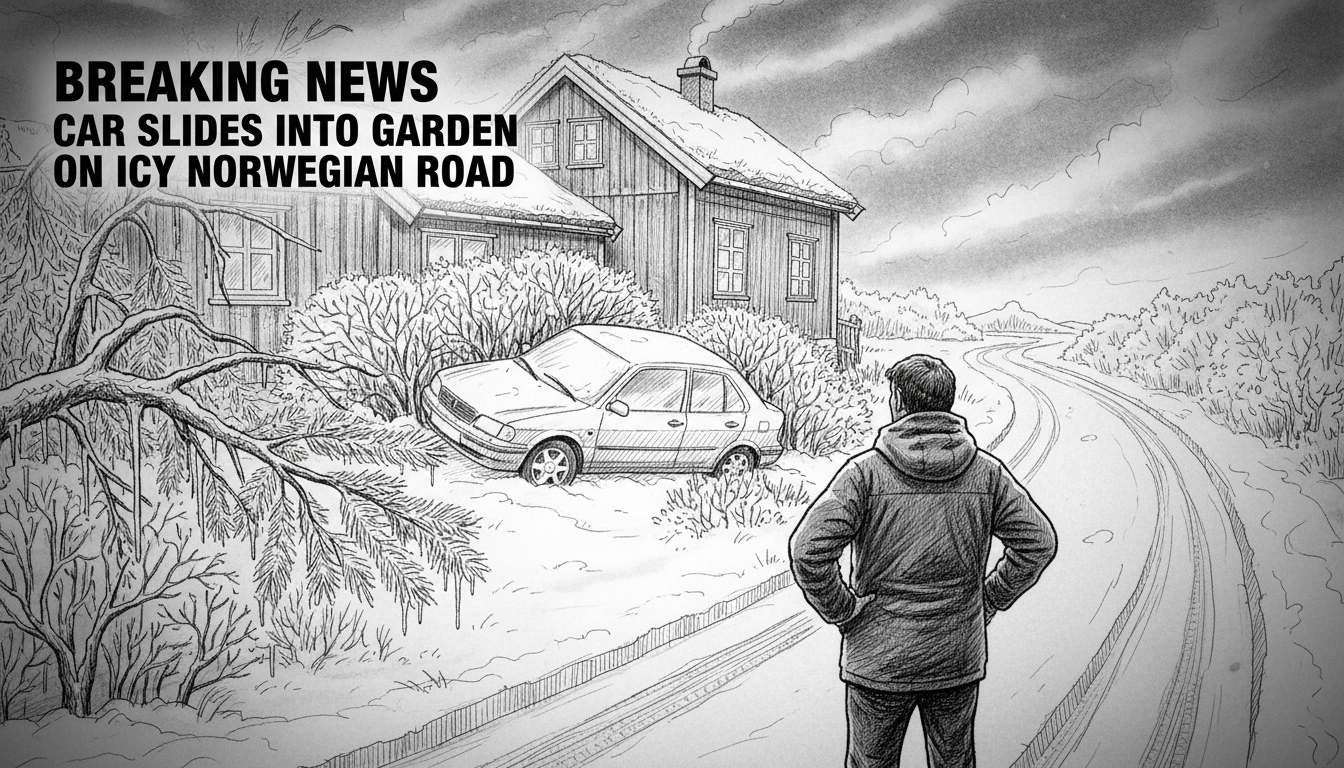 Car Slides Into Garden on Icy Norwegian Roads
