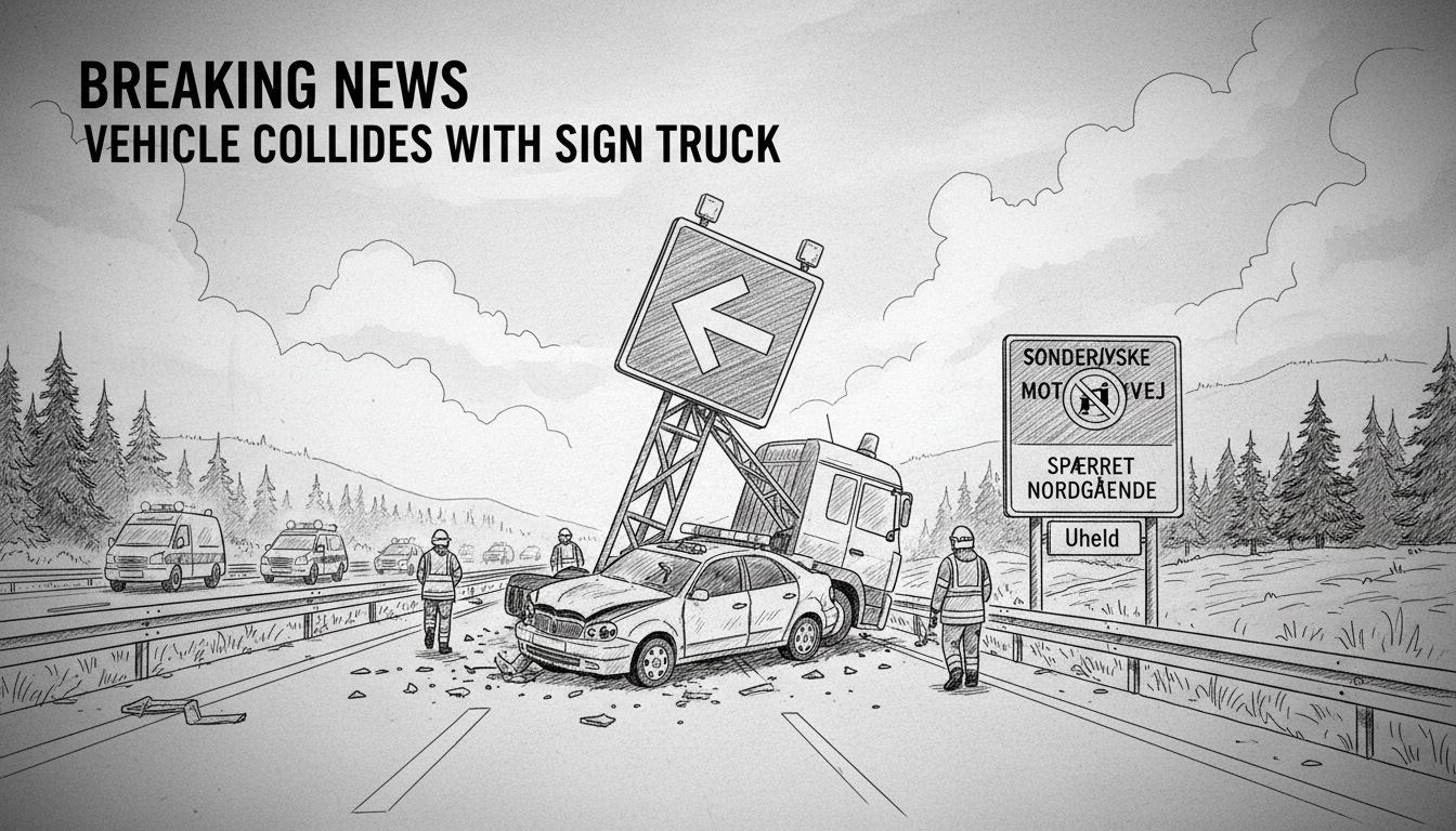 Vehicle Collides With Sign Truck on Danish Motorway