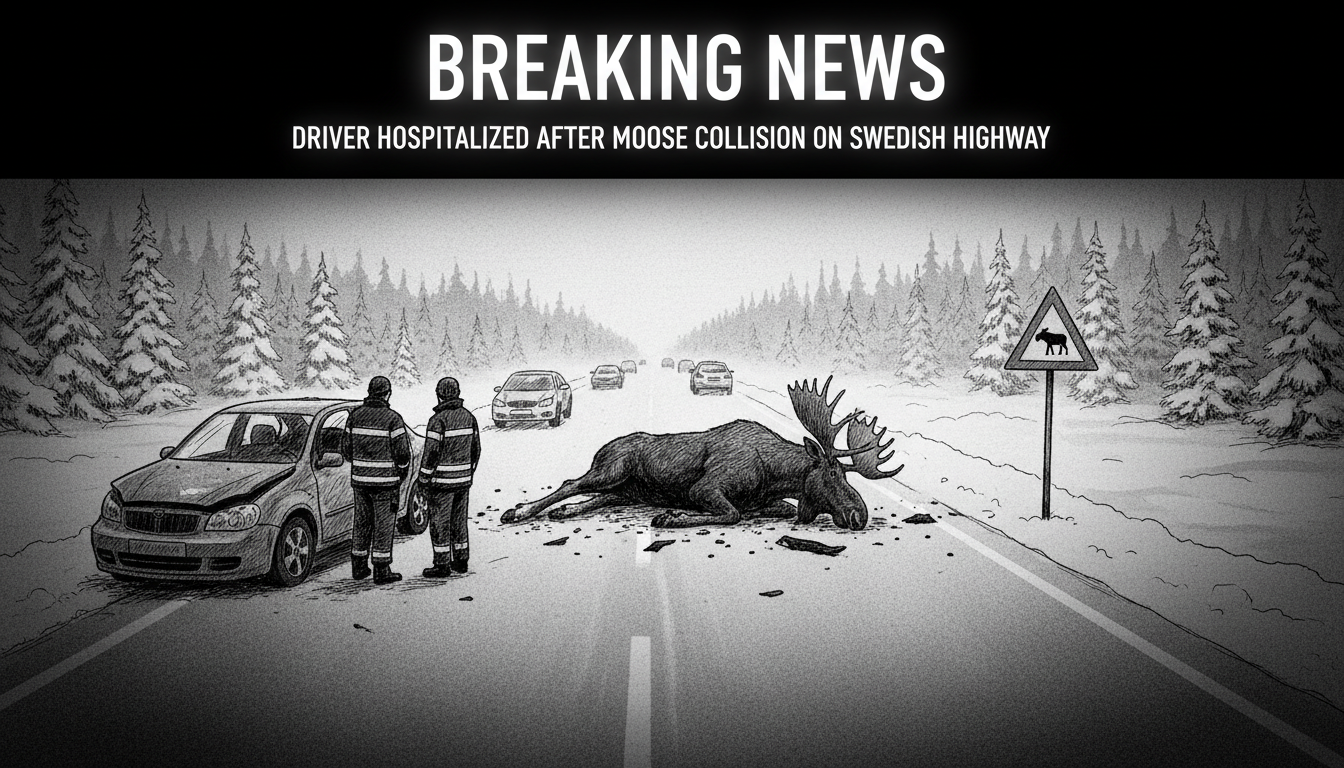 Driver Hospitalized After Moose Collision on Swedish Highway