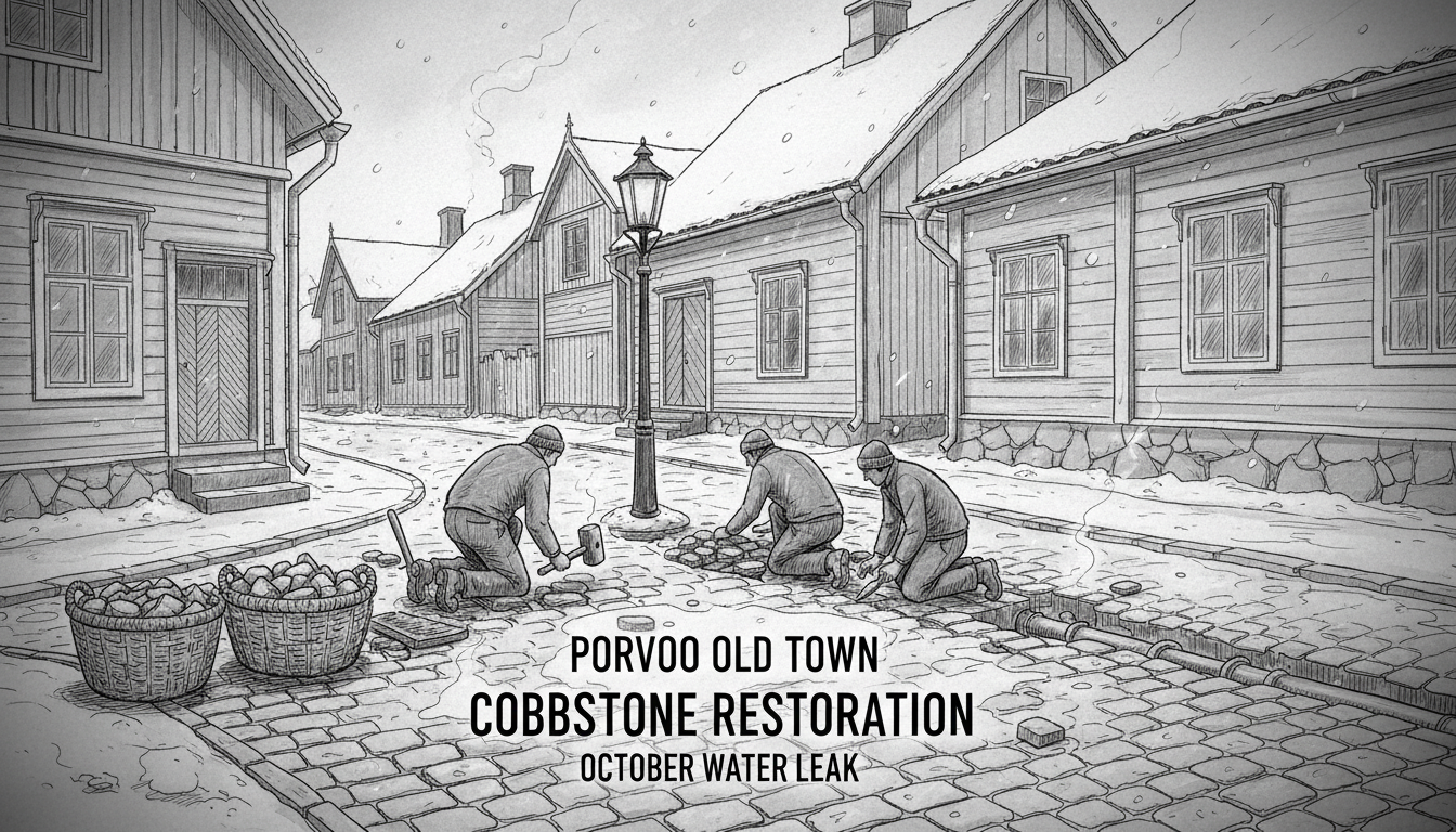 Cobblestone Restoration Underway in Porvoo Old Town After Water Pipe Leak