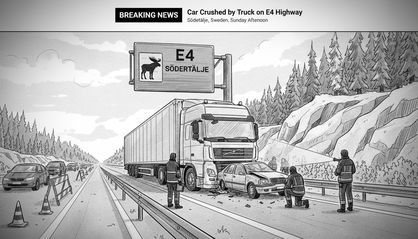 Car Crushed by Truck on E4 Highway Near Södertälje