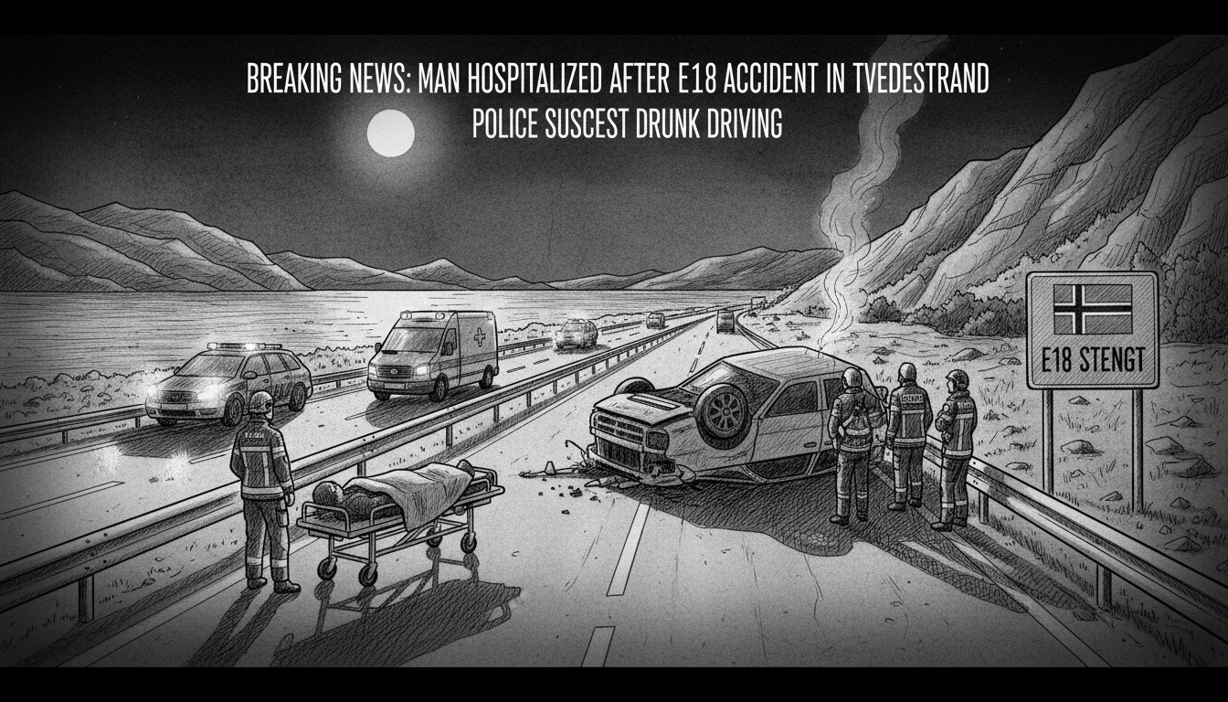 Man Hospitalized After E18 Accident in Tvedestrand