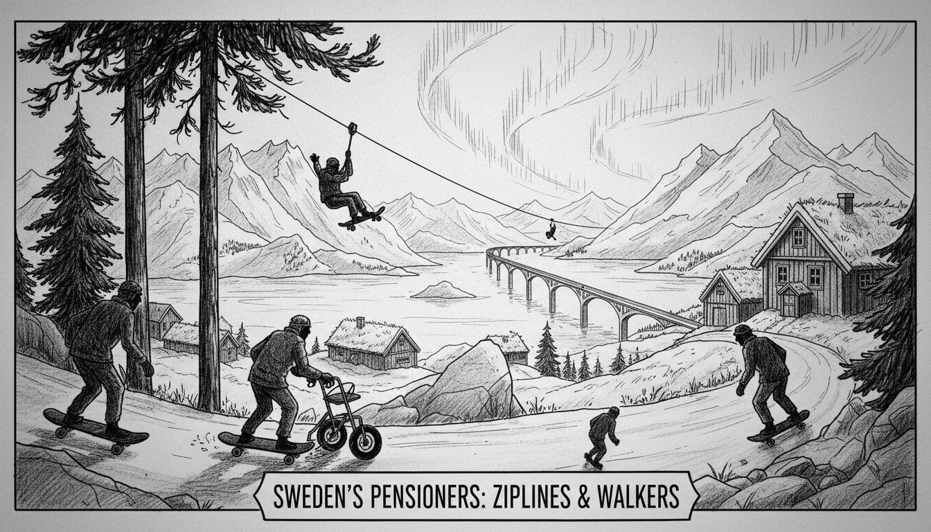 Sweden's Pensioners Skateboarding: Ziplines & Walkers