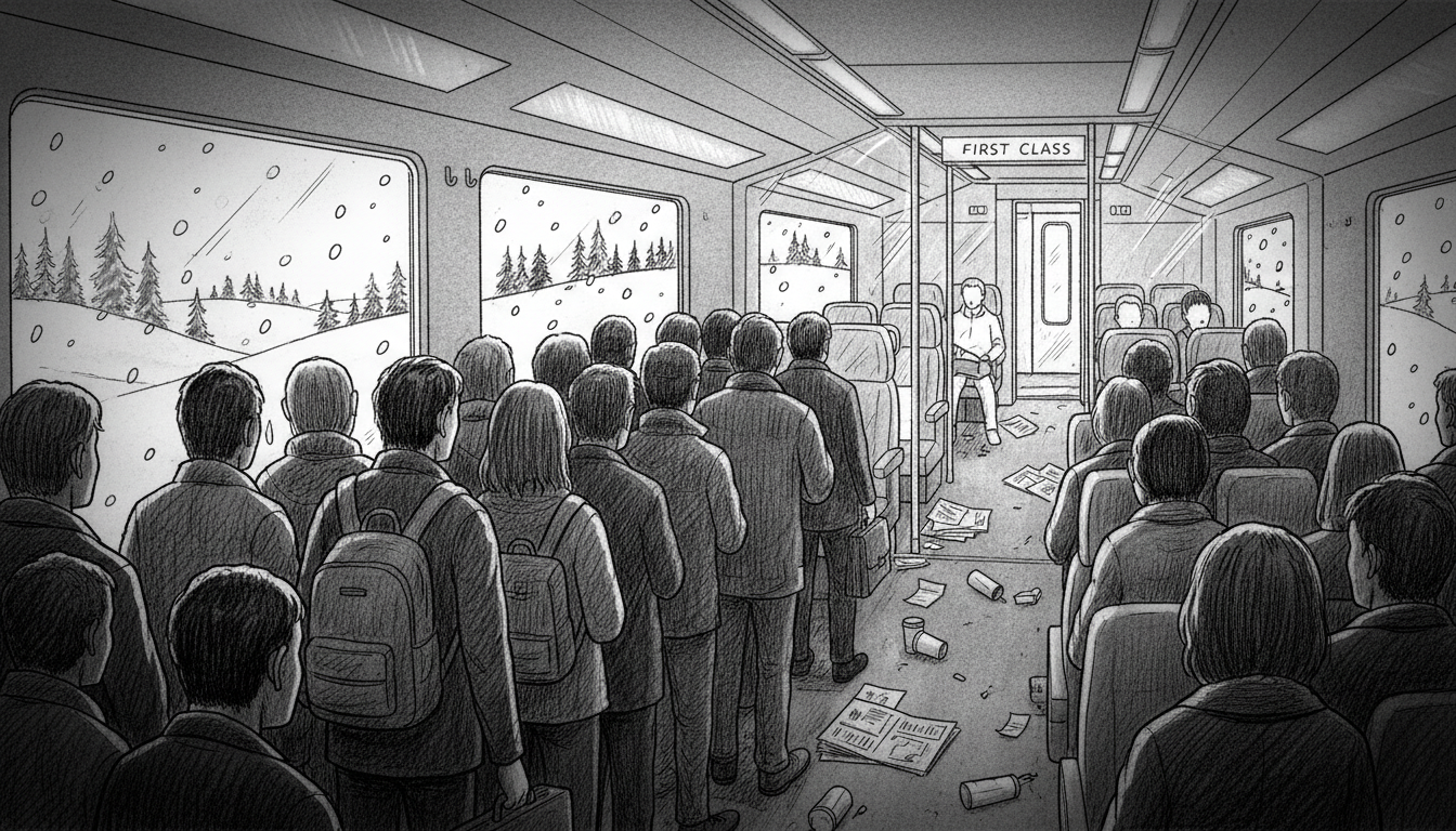 Danish train passengers stand in aisles despite reserved seats while first class sits empty