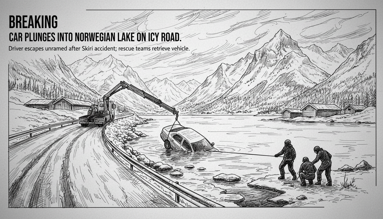 Car Plunges into Norwegian Lake on Icy Road
