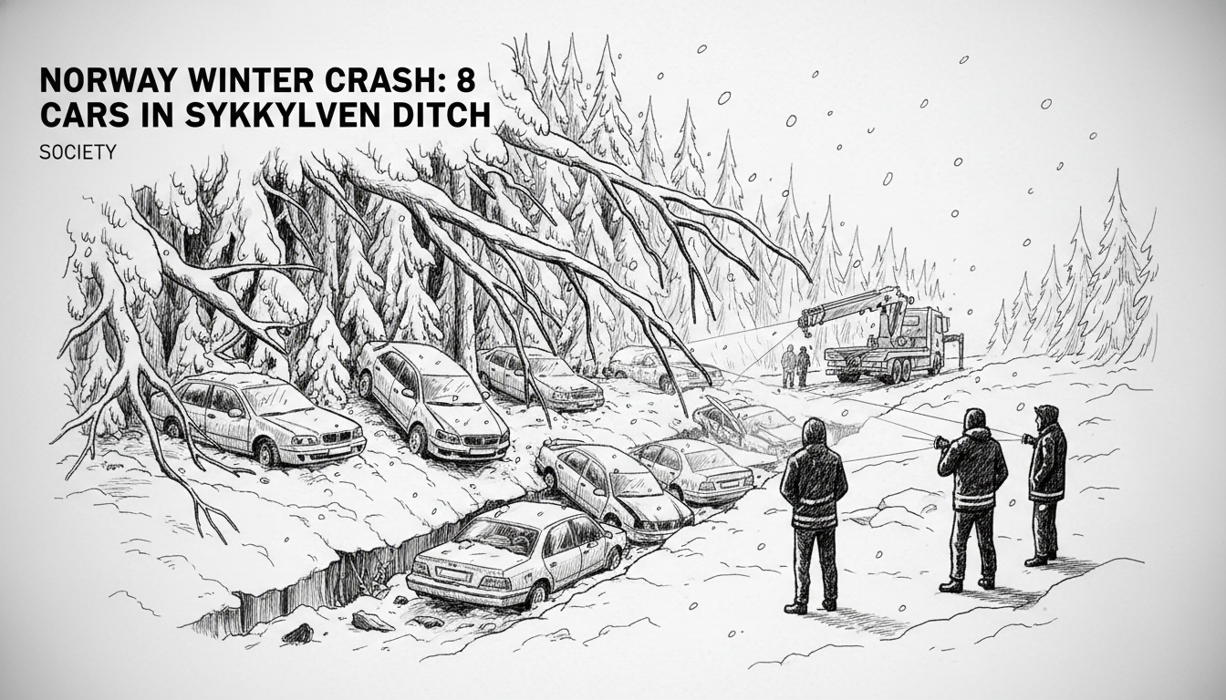 Norway Winter Crash: 8 Cars in Sykkylven Ditch