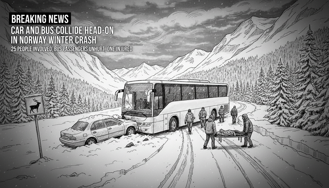 Car and Bus Collide Head-On in Norway Winter Crash