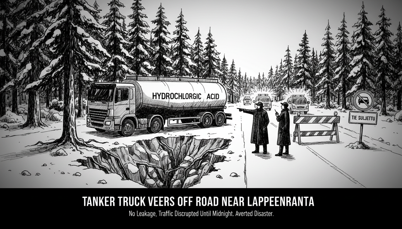 Tanker Truck Carrying Hydrochloric Acid Veers Into Ditch Near Lappeenranta