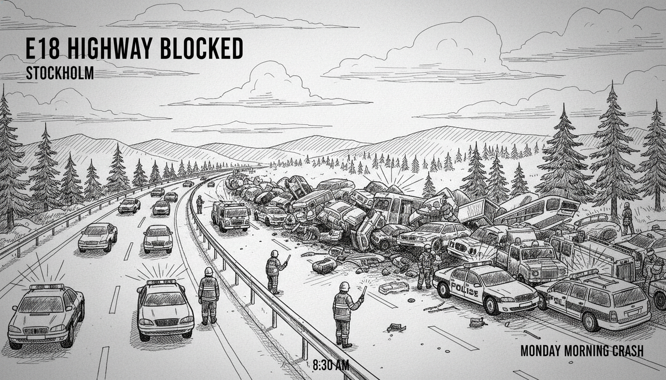 Multi-Vehicle Crash Blocks E18 Highway Toward Stockholm